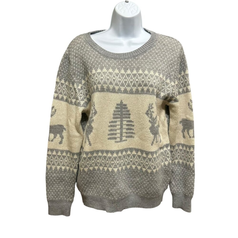 Mak Reindeer  Pine Tree Fair Isle Knit Grey White Sweater Size M